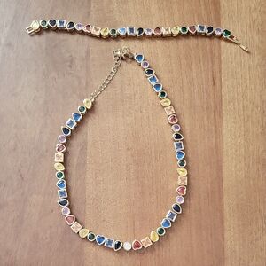 Gold-Tone Multistone Necklace BRACELEin Blue, Green, Pink, Yellow, Black, Purple